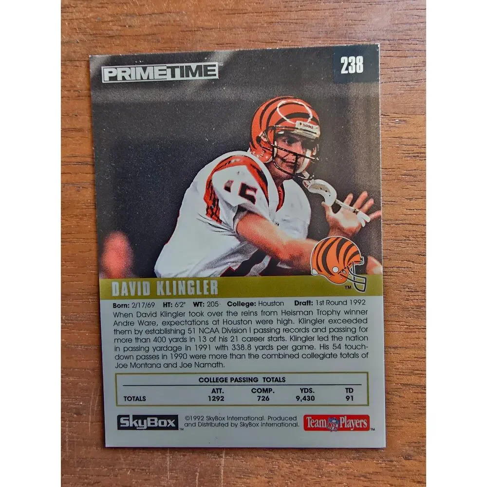 David Klingler 1992 Skybox Primetime #238 - Rookie -Bengals- NFL- Freshly Opened
